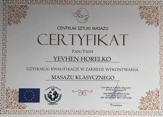 Certyfikat — masaż klasyczny · Centrum Sztuki Masażu