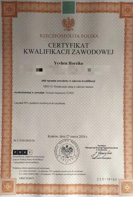 Certyfikat kwalifikacji zawodowej — MED.10 Świadczenie usług w zakresie masażu