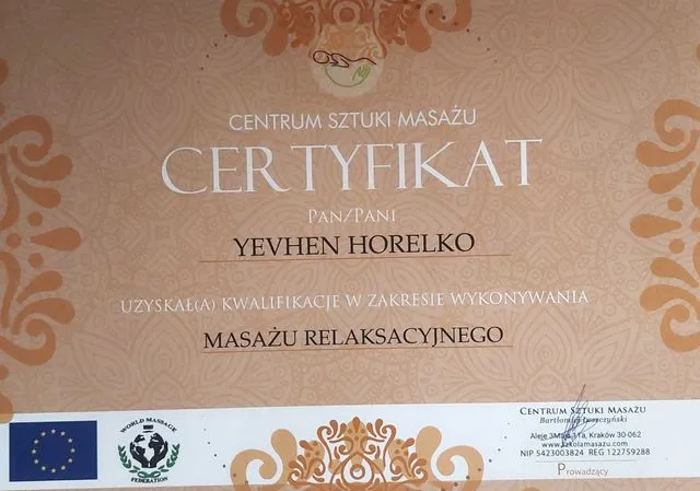 Certyfikat — masaż relaksacyjny · Centrum Sztuki Masażu