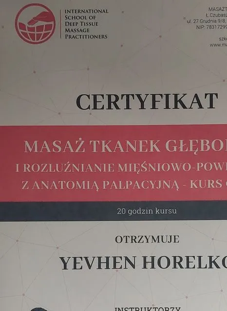 Certyfikat — masaż tkanek głębokich i rozluźnianie mięśniowo-powięziowe z anatomią palpacyjną, 20 godzin