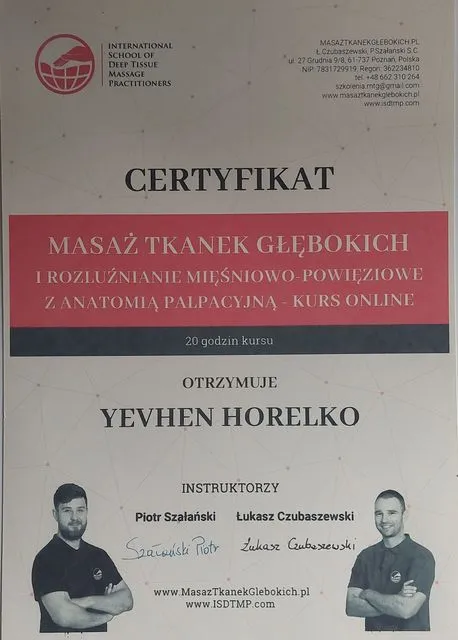 Certyfikat — masaż tkanek głębokich i rozluźnianie mięśniowo-powięziowe z anatomią palpacyjną, 20 godzin